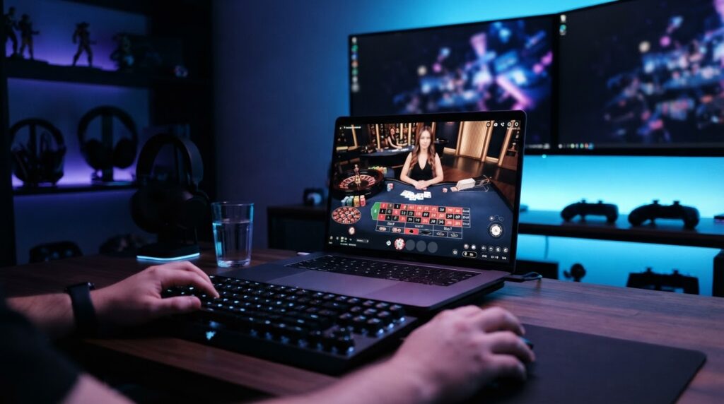 Judi Online Dalam Persekitaran Kasino Masa Kini Giao diện công nghệ trò chơi casino trực tuyến hiện đại trên laptop