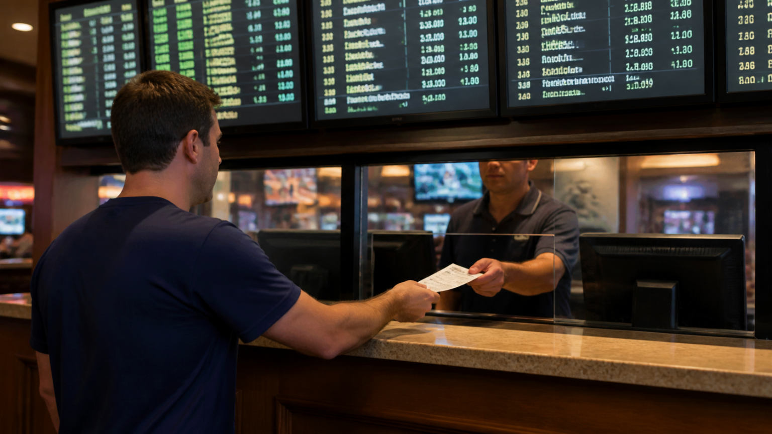 Adult placing a sports bet at a betting counter with odds displayed