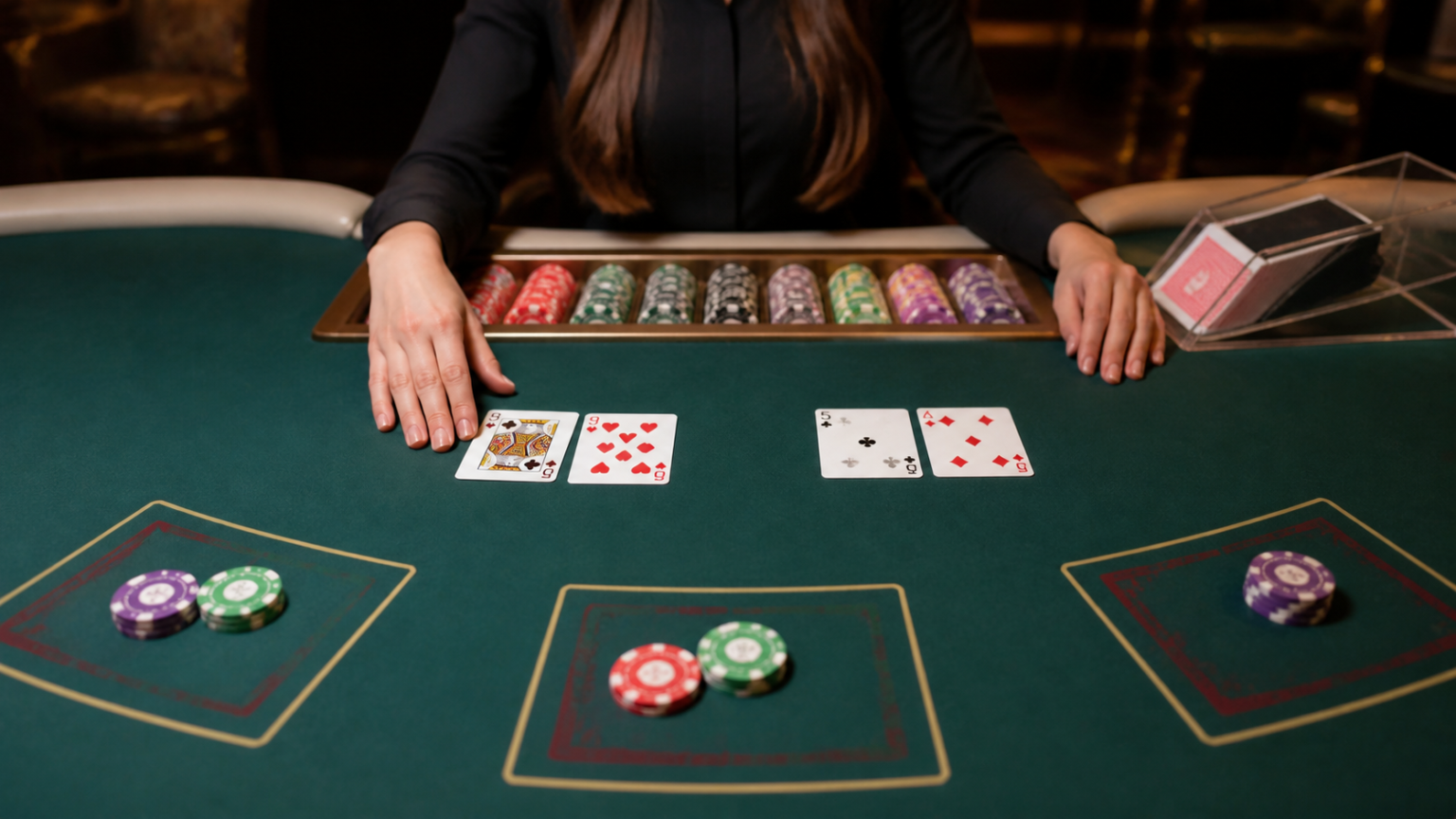 Bàn baccarat với bài và phỉnh trong một ván chơi tại casino
