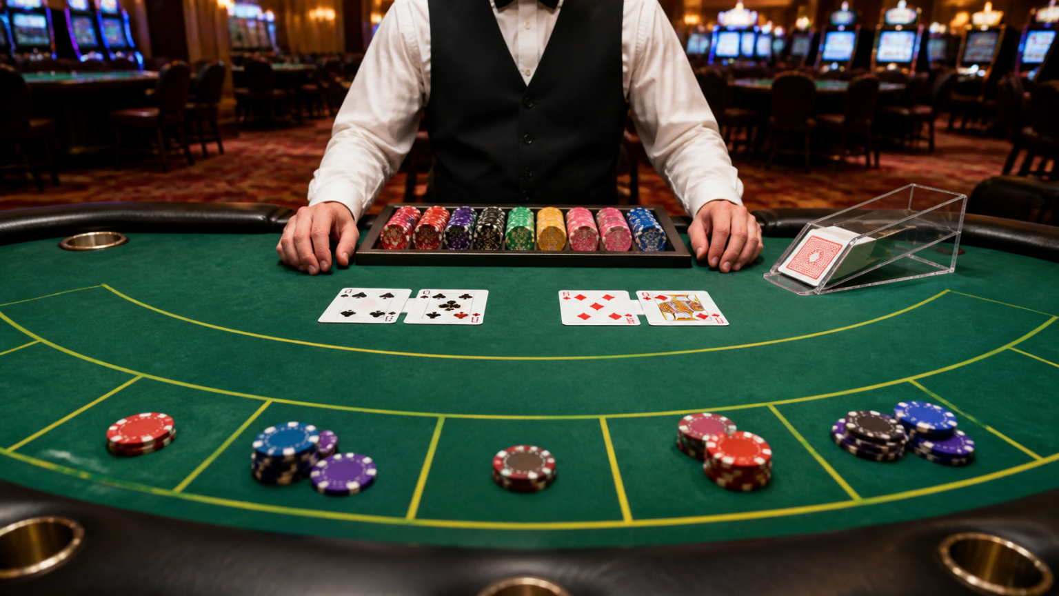 baccarat trực tuyến: Cách chơi và chọn bàn phù hợp Bàn baccarat với bài và phỉnh trên lớp nỉ xanh trong sòng bạc