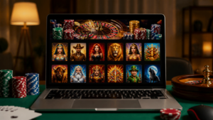 Best Online Casinos: What to Look for Before You Play Laptop displaying an online casino game lobby with slot thumbnails