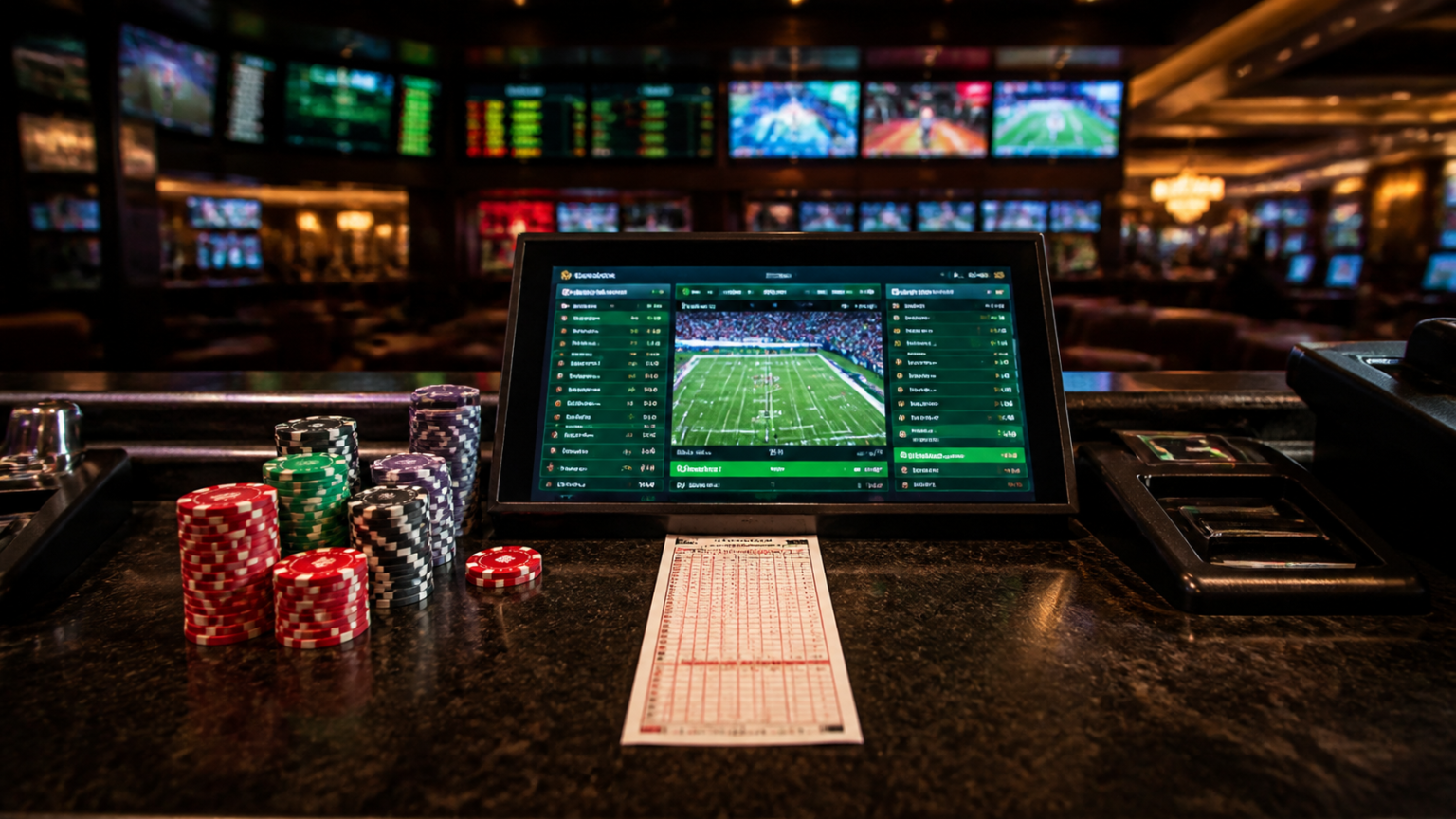 betting sites malaysia: How to Evaluate Options Wisely Casino-related betting desk with sports betting screen and chips