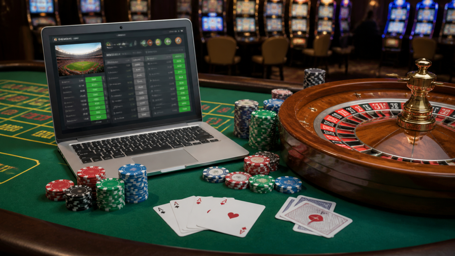 betting sites Singapore: A Practical Guide for Players Casino betting desk with laptop, chips, and cards