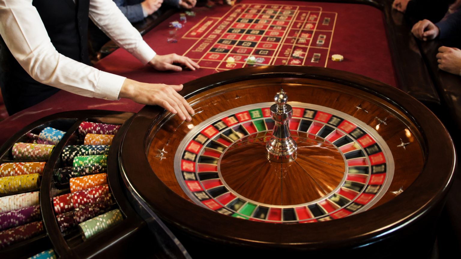casino trực tuyến uy tín nhất: Cách đánh giá tỉnh táo Bàn roulette trong không gian casino với bánh xe và khu vực đặt cược