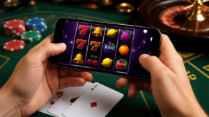 Mobile casino screen with slots and cards