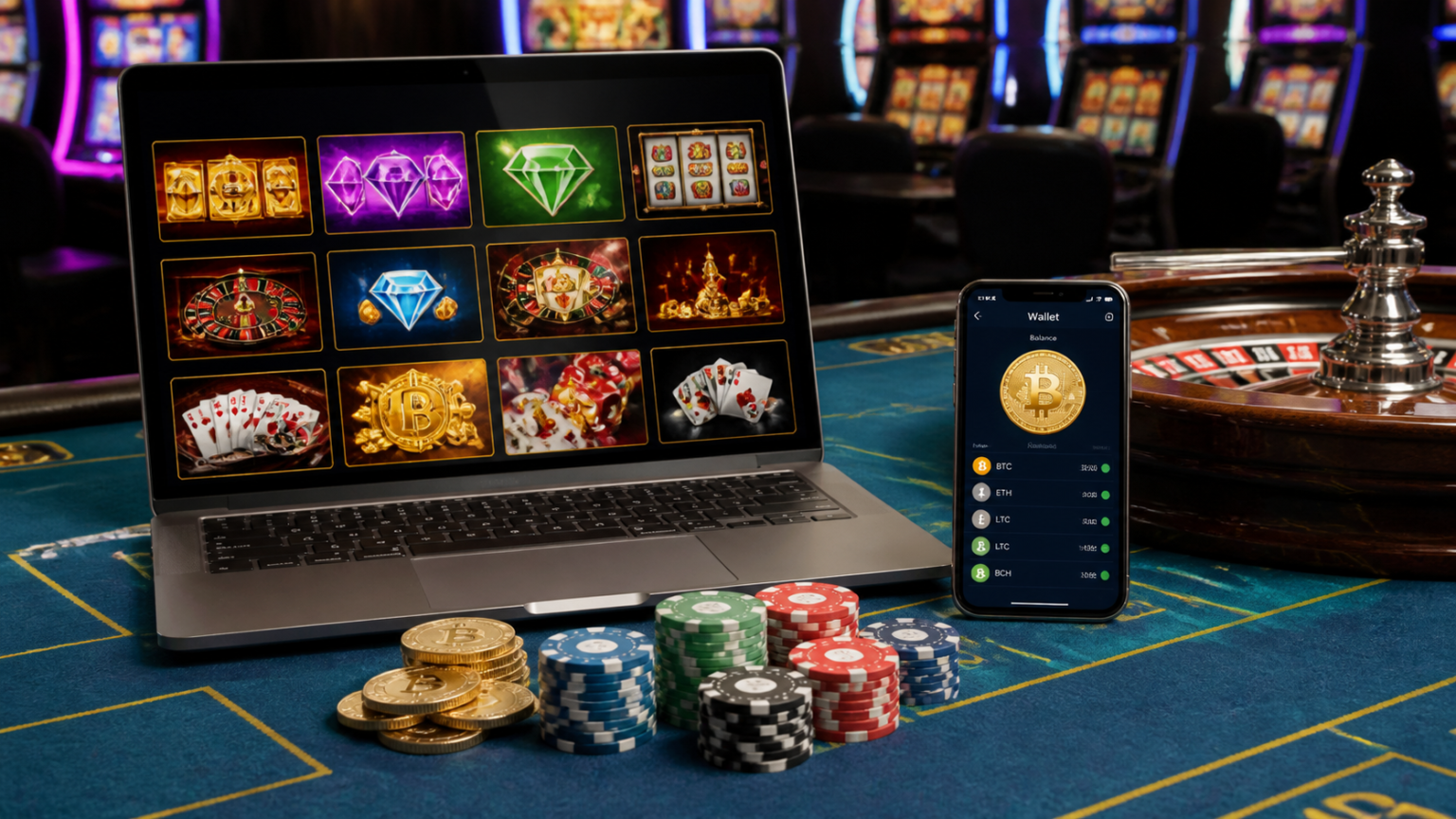 Crypto casino Singapore with chips, laptop, and crypto wallet