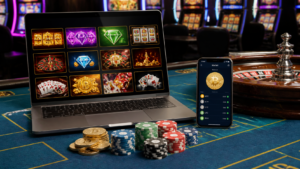 オンラインバカラを楽しむための基本マナーと注意点 Crypto casino Singapore with chips, laptop, and crypto wallet