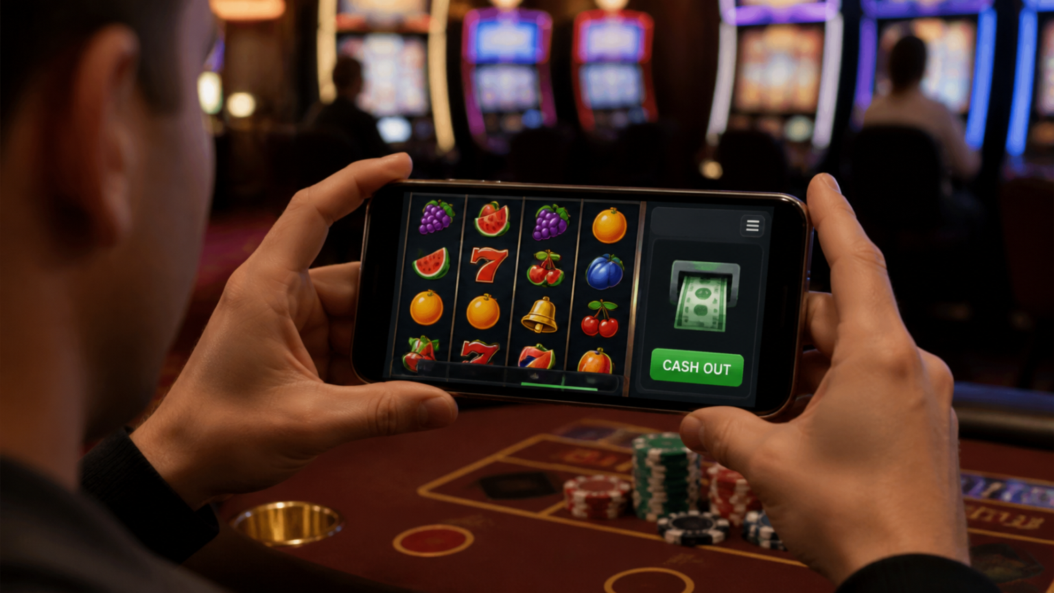 Game nổ hũ rút tiền mặt: Cách chơi và lưu ý cần biết Màn hình trò chơi nổ hũ với biểu tượng máy đánh bạc và giao diện rút tiền