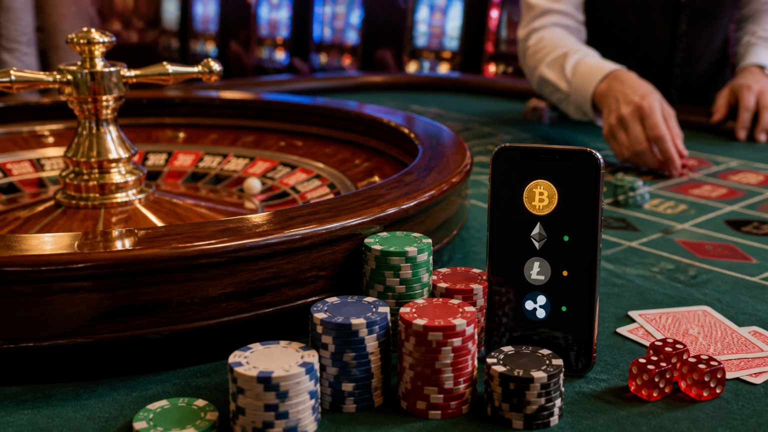 How cryptocurrency changes the casino experience: crypto casino Singapore Casino roulette table and chips beside a screen showing a cryptocurrency wallet