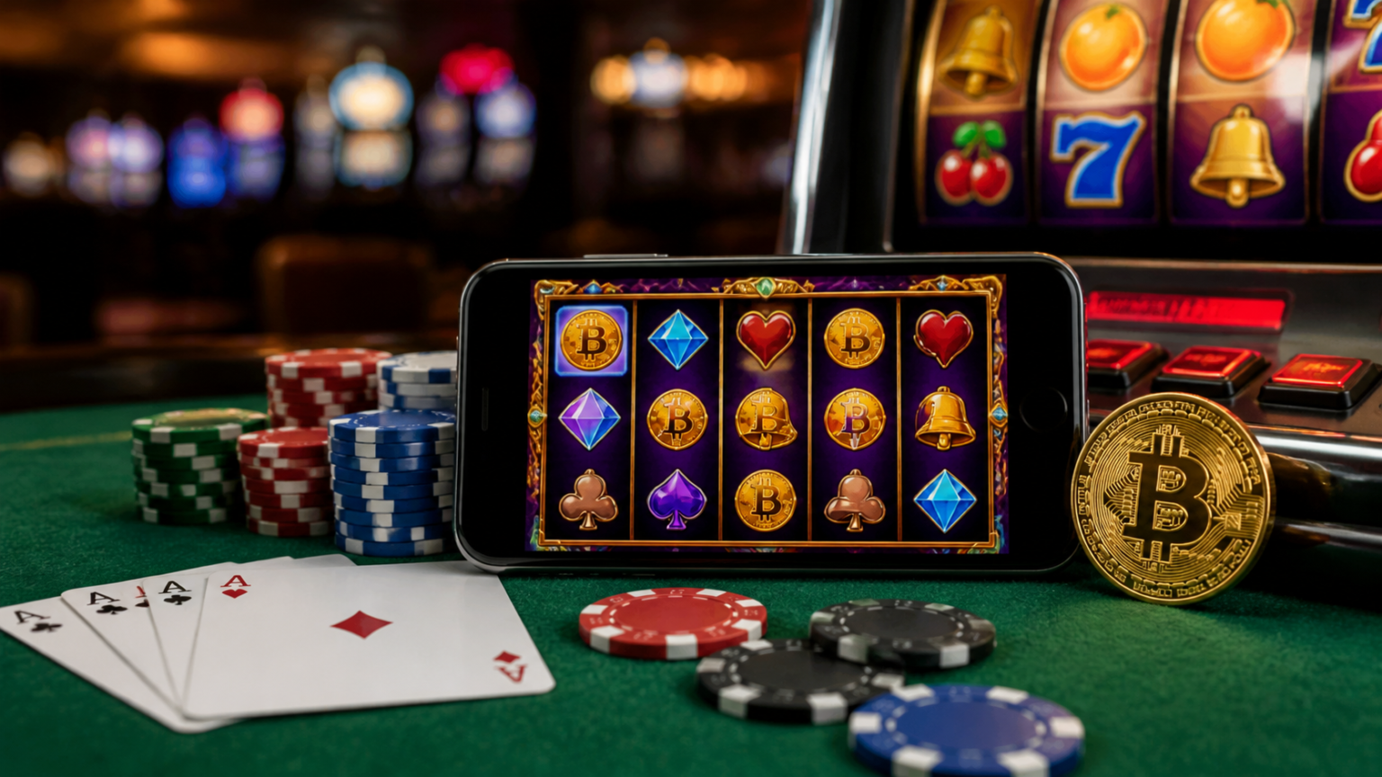How to Evaluate Crypto Casino Games Before You Play Smartphone showing crypto casino games beside chips and cards in a casino setting