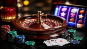 Roulette wheel and casino chips representing an online casino
