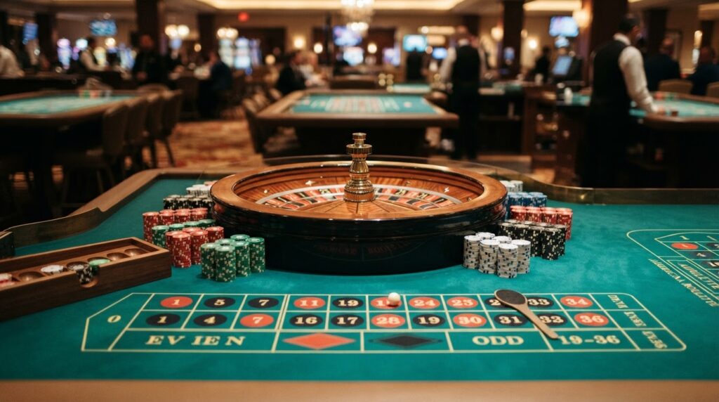 A close-up of a casino roulette table with chips placed on the green felt.