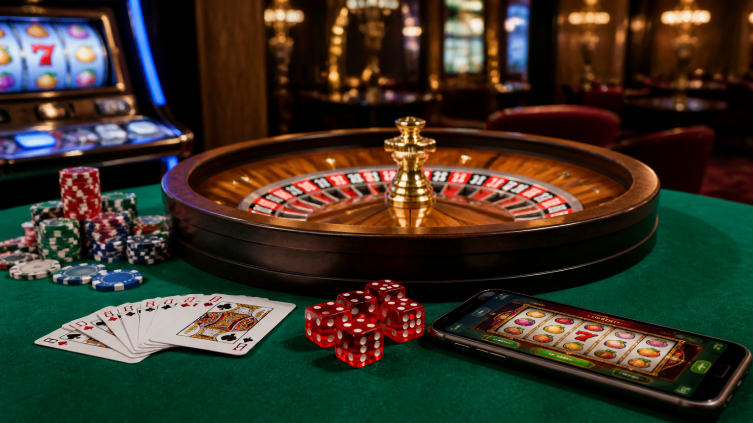 online casinos Singapore: What Players Should Consider Casino gaming setup with slot machines, cards, and roulette wheel