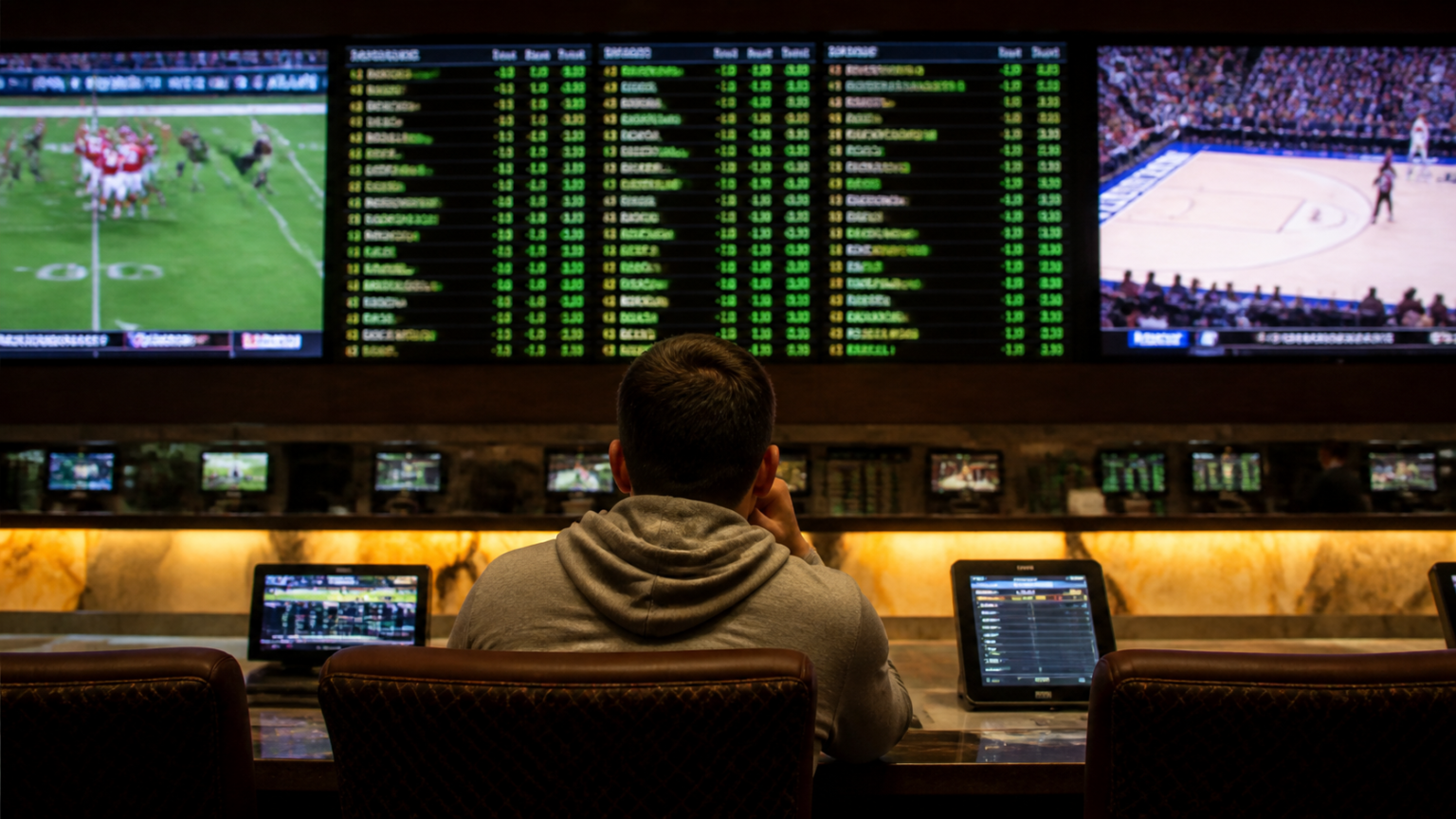 Sports betting boards in a casino-related sportsbook setting